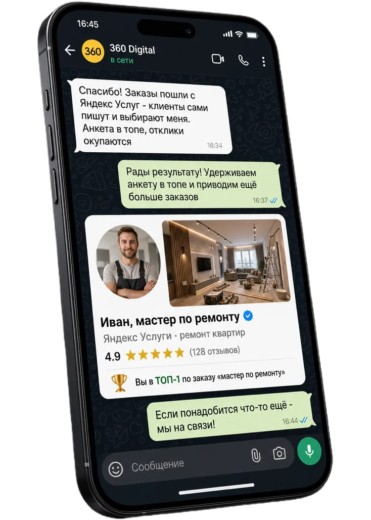 Переписка с клиентом и карточка исполнителя на Яндекс Услугах